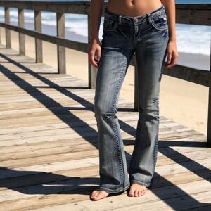 WallFlower Womens Bootcut Jeans Denim Low Rise Y2K Whiskered Size 7/8 western